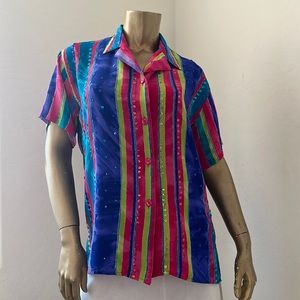 VINTAGE DIANE GILMAN SILK COLORFUL STRIPES & SEQUINS SHORT SLEEVE BUTTON-DOWN M